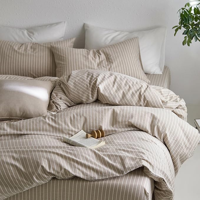 MooMee Striped Duvet Cover Set 100% Washed Cotton Linen Like Textured Breathable Durable Soft Comfy (Tannish Linen Grey White Wide Stripes, King 104"x90")