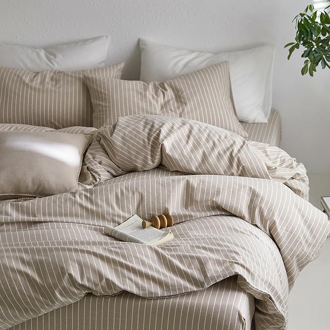 MooMee Striped Duvet Cover Set 100% Washed Cotton Linen Like Textured Breathable Durable Soft Comfy (Tannish Linen Grey White Wide Stripes, Oversized King Plus 128"x120")