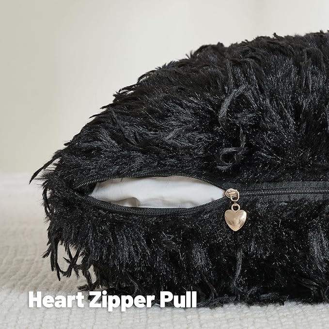 FUTEI Black Decorative Throw Pillow Covers 16x16 Inch Set of 2,Soft Fluffy Faux Feather Texture Cushion Cases,Modern Home Luxury Decor for Couch Bed Living Room