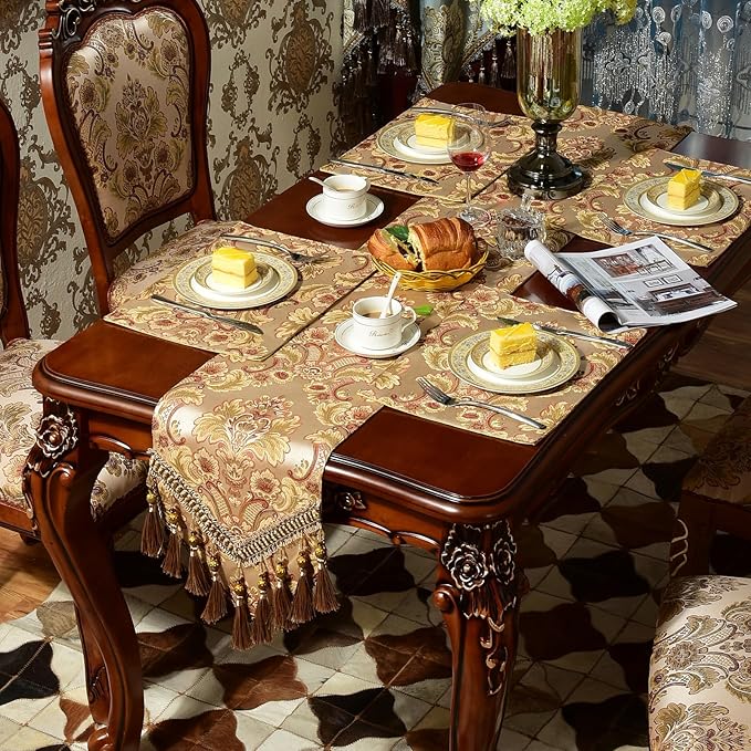 Extra Luxury Velvet Blue Table Runner 120 Inches Long with Vintage Damask Jacquard Design for Dining Room,Living Room,Home Decor,Elegant Beaded Tapestry (Dark Gold, 4 Piece 13×18 Placemats)