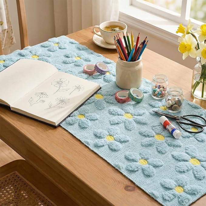 Artoid Mode Blue Soft Plush Faux Fur Jacquard Embroidery Daisy Spring Table Runner, Kitchen Dining Table Decoration for Home Party Decor 13x36 Inch