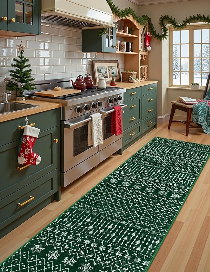 Lahome Christmas Runner Rug 2x6 for Hallway Green Non Slip Washable Low Pile Carpet Xmas Snowflake Holiday Decor Throw Rug Runner for Kitchen Entryway Laundry Narrow Porch Space Home Decor