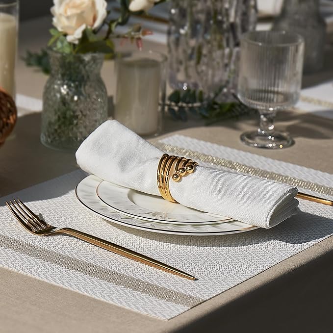 Leetaltree Luxury White Placemats with Gold Stripes Placemats Set of 8 - Waterproof Washable for Wedding, Anniversary, Daily Use - Sparkling Table Decor - Hand-Cut