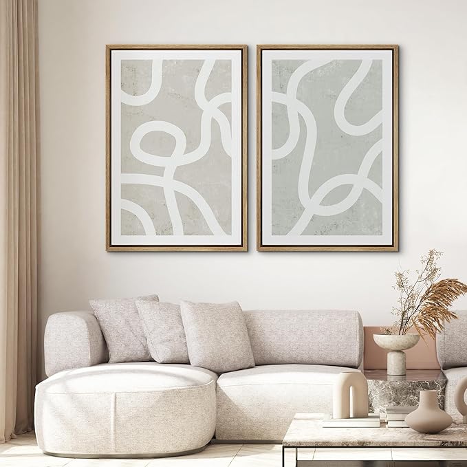 SIGNWIN Framed Canvas Print Wall Art Set Pastel White Swirl Pattern Collage Abstract Shapes Illustrations Modern Art Minimal Boho Calm for Living Room, Bedroom, Office - 24"x36"x2 Natural