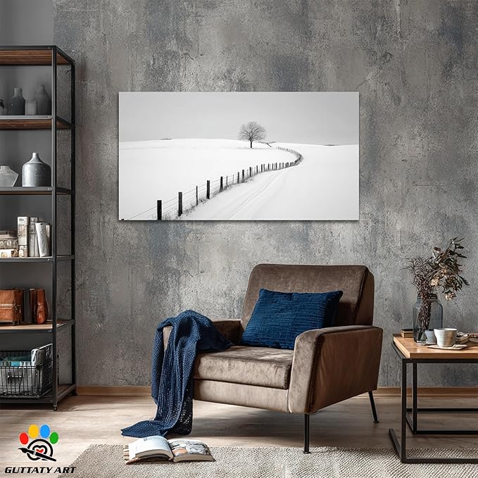 GUTTATY Christmas Winter Scene Canvas Wall Art, Snowy Farm Fence and Tree Pictures, Monochrome Print with Minimalist Artwork Style, Peaceful Posters for Living Room Bedroom Decor, 32x16 Inch