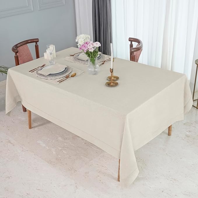 D'Moksha Homes Light Natural Linen Tablecloth 52 x 52 Inch - 100% Pure Linen Square Table Throw - Classic Hemstitch, Machine Washable Table Cloth for Fall, Thanksgiving, Christmas, Holiday