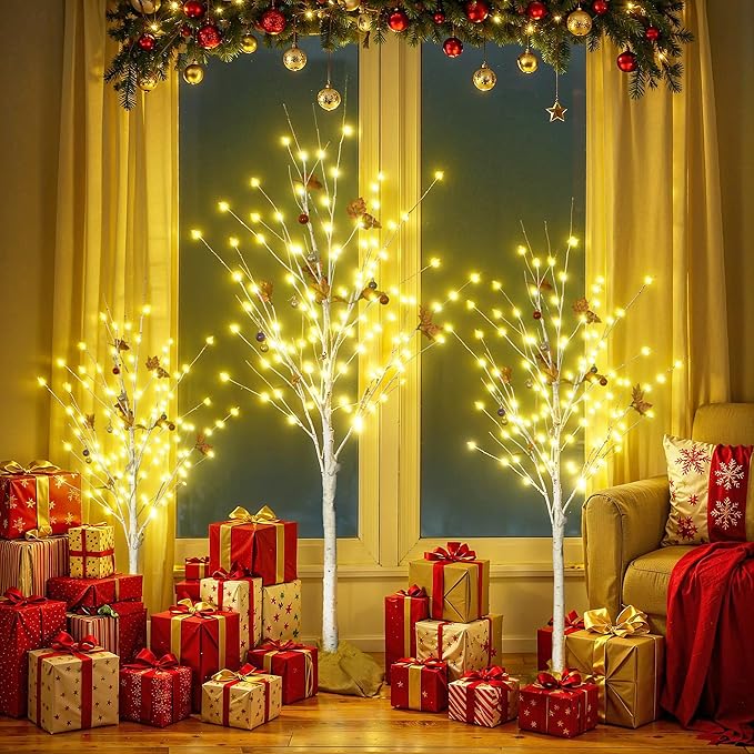 Recaceik Set of 3 Lighted Birch Trees 4FT 5FT 6FT, Christmas Decorations with Warm White LED Lights & Cherry Blossom, Fairy Light Spirit Tree for Indoor Outdoor Christmas Home Decor
