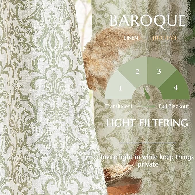 jinchan Curtains for Bedroom, Light Filtering Curtains 72 Inch Length 2 Panels Set, Baroque Style Linen Drapes for Living Room, Vintage Damask Patterned Window Treatments, Grommet Sage Green on Flax