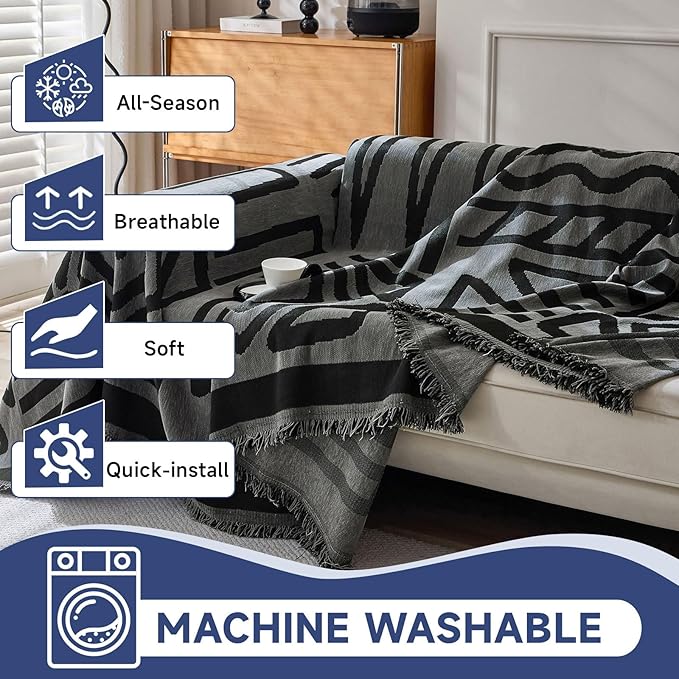 VClife Couch Cover 1 Piece Boho Tribal Black and Dark Gray Geometric Jacquard Sofa Cover for 2 Cushion Couch Sofa, Soft Washable Chenille Living Room Loveseat Cover Slipcover for Sofa Bed 71"X102"