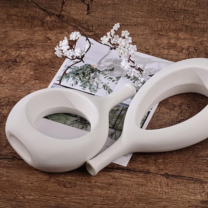 White Ceramic Hollow Elliptical Vase Set of 2 - Boho Circle Vase with Hole, for Modern White Table Decor, Living Room Decor Shelf mid Century Modern Home Entrance Decorative vase