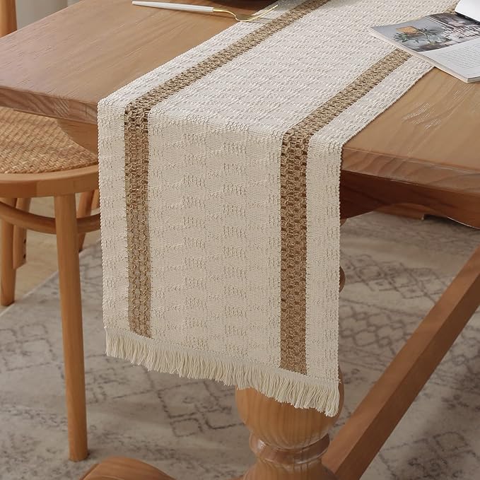 Boho Burlap Macrame Table Runner, Farmhouse Style Cotton Linen Rustic Woven Table Runner with Tassels for Dining, Wedding, Bridal Shower, Bohemian (12x72 inch, Off-White)