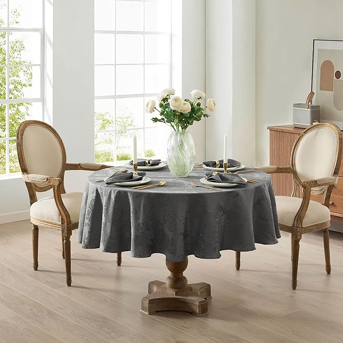 Newbridge Barcelona Damask Fabric Tablecloth, 70 Inch Round, Grey – No Iron, Soil Resistant Table Cover for Dining, Parties and Holidays