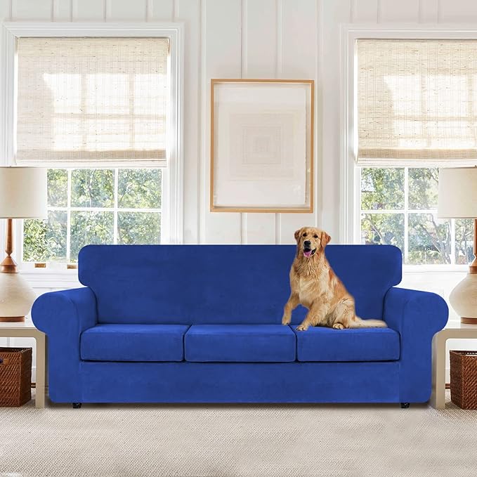 WEERRW 4 Pieces Velvet High Stretch Couch Covers for 3 Cushion Couch Sofa Slipcovers, Washable Furniture Protector with Non Slip Elastic Bottom, Feature Soft and Thick Plush Fabric, Royal Blue, Large