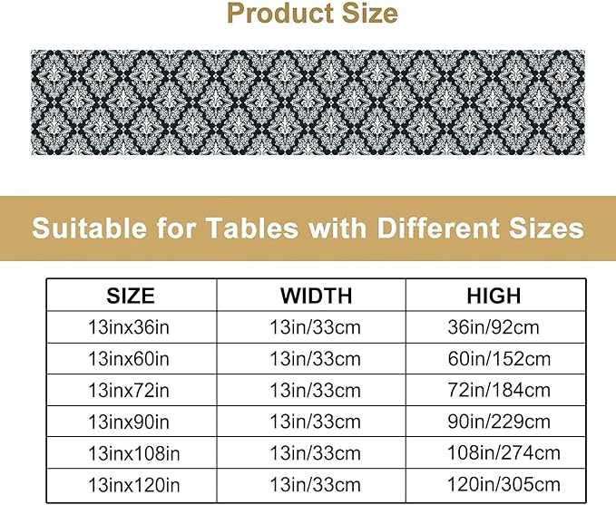 Damask Pattern Table Runner ,Exquisite Black White Baroque Table Runner for Kitchen Dining Party Decor 13x36in