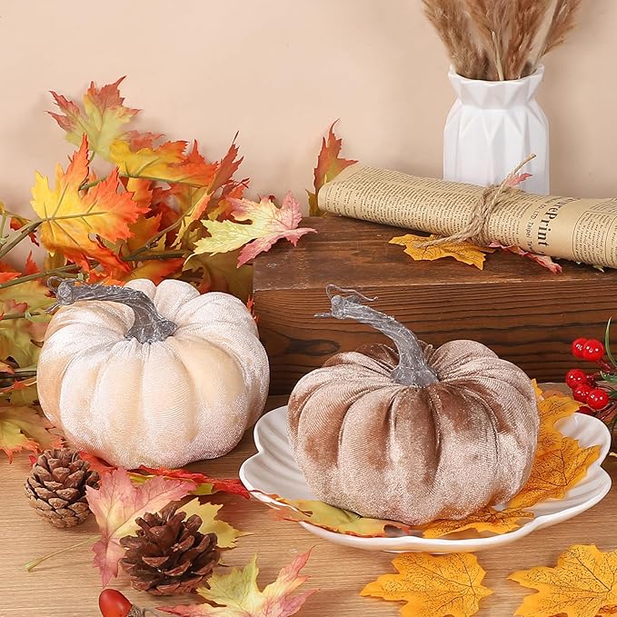 2pcs Velvet Fake Pumpkins Fall Harvest Fabric Foam Pumpkin Thanksgiving Halloween Decor for Table Centerpiece Wedding Farmhouse (2, Beige Coffee, M)