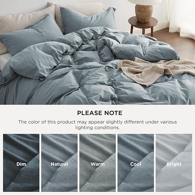 Bedsure 100% Washed Cotton Duvet Cover Queen Size - Dusty Blue Minimalist Cotton Bedding Linen Like for All Seasons - GentleSoft™ Plain Simple Duvet Cover, 3 Pieces (Dusty Blue, Queen, 90"x90")