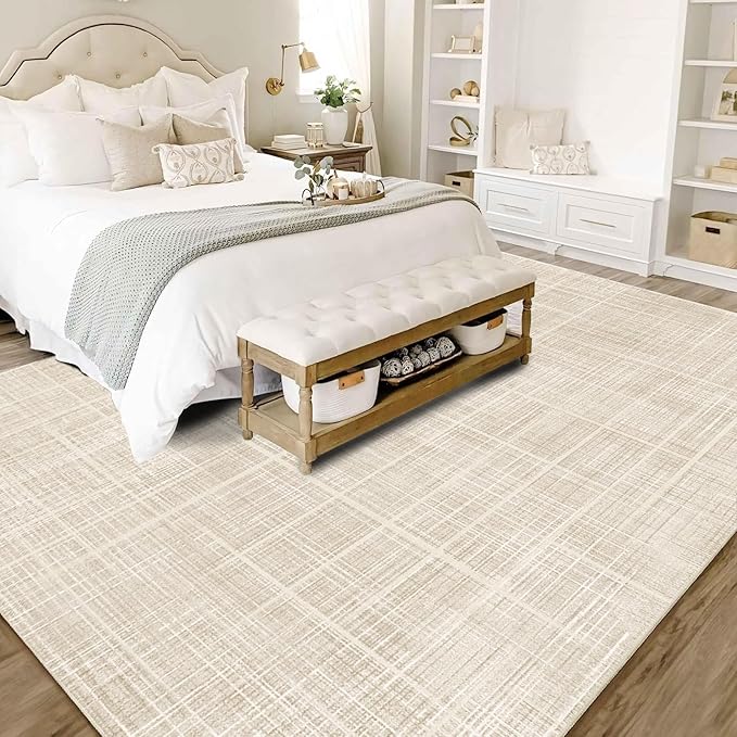 Enkor Area Rugs 8x10 Washable Non Slip Abstract Soft Rugs for Living Room Bedroom, Modern Mat for Kitchen Entryway Beige Grid