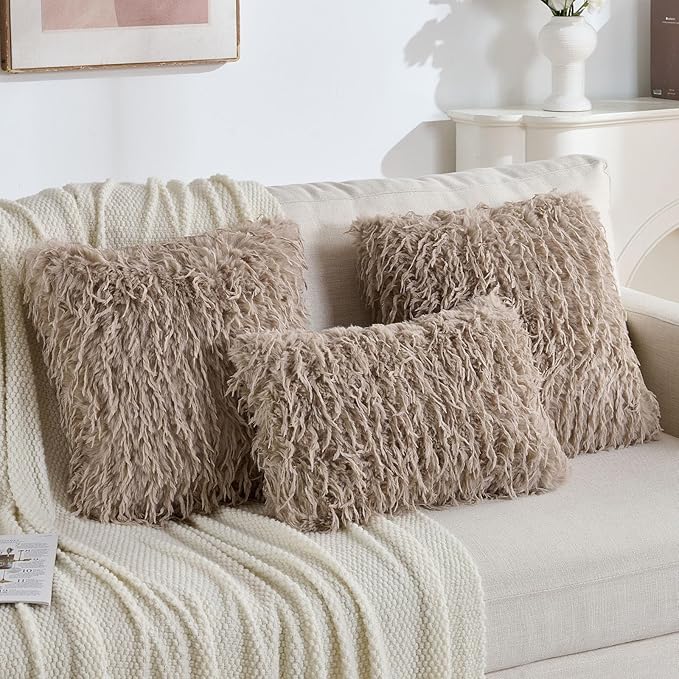 FUTEI Khaki Decorative Throw Pillow Covers 16x16 Inch Set of 2,Soft Fluffy Faux Feather Texture Cushion Cases,Modern Home Luxury Decor for Couch Bed Living Room