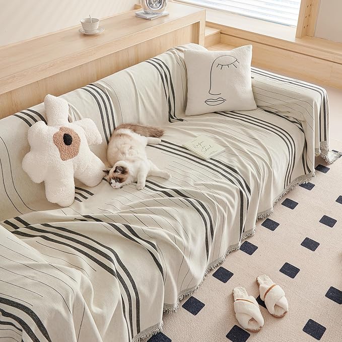 DREAMINGO Couch Cover Washable Chenille Sofa Protector for Pet Kids Dark Grey Loveseat Couch Covers for 2 Cushion Couch Stripe Jacquard Versatile Sofa Throw Slipcover for Futon Couch, 71"x102"