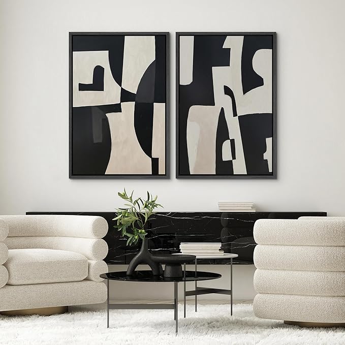 SIGNWIN Framed Canvas Print Wall Art Set Black and Beige Abstract Geometric Modern Bold Minimalist Illustrations Minimal Decorative Zen Bohemian for Living Room, Bedroom, Office - 24"x36"x2 Black