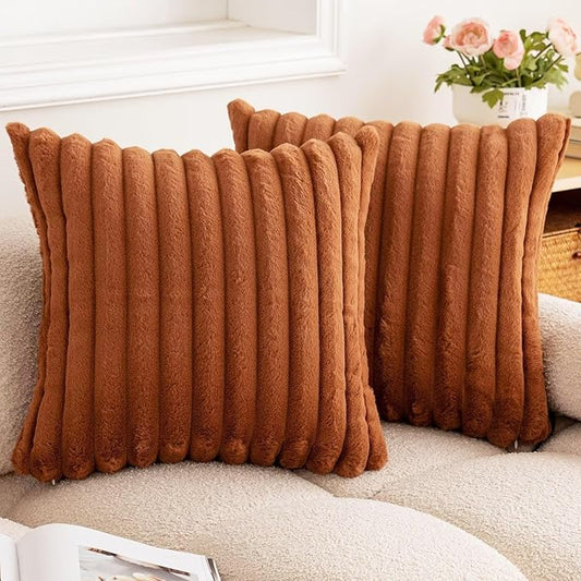 Double-Sided Faux Fur Plush Throw Pillow Covers 20x20 Set of 2 Fuzzy Striped Soft Cozy Pillowcase Luxury Decorative Pillows Square Shaggy Cushion Covers for Couch Sofa Bed,Brown