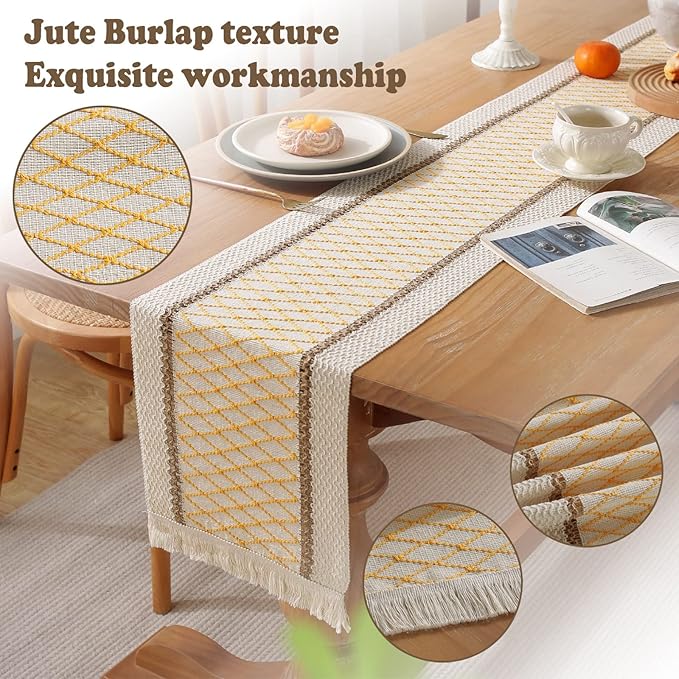 Boho Burlap Macrame Table Runner, Farmhouse Style Cotton Linen Rustic Woven Table Runner with Tassels for Dining, Wedding, Bridal Shower, Bohemian (12x72 inch, Yellow Grid)
