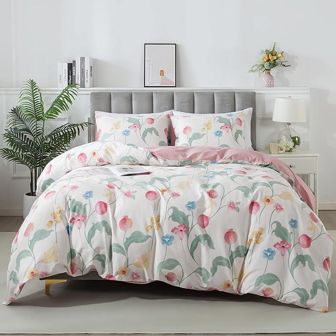 HoneiLife Queen Size Duvet Cover - Fruits Comforter Cover 3-PC, Botanical Bedlinen Set with Zipper Closure & Corner Ties, Pomegranate Comforter Cover Sets 100% Cotton