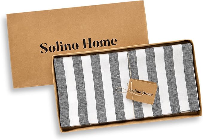 Solino Home Linen Square Tablecloth 52 x 52 Inch - Sorrento Stripe, 100% Pure Linen Black and White Table Throw - Machine Washable Tablecloth for Fall, Autumn