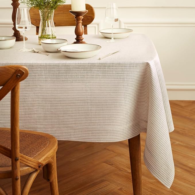 Solino Home Linen Tablecloth 60 x 120 Inch - Narrow Stripe 100% Pure Linen Natural and White Table Cloth for Rectangle Tables - Machine Washable Tablecloth for Fall, Thanksgiving, Christmas, Winter