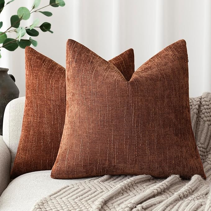 Foindtower Pack of 2 Soft Textured Chenille Throw Decorative Pillow Covers Square Accent Solid Cushion Cover Cozy Neutral Farmhouse Pillow Case for Couch Sofa Bedroom Living Room 18x18 Inch,Red Taupe