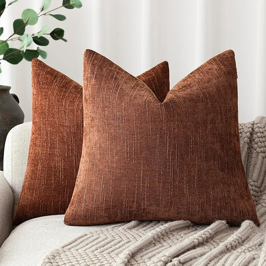 Foindtower Pack of 2 Soft Textured Chenille Throw Decorative Pillow Covers Square Accent Solid Cushion Cover Cozy Neutral Farmhouse Pillow Case for Couch Sofa Bedroom Living Room 26x26 Inch,Red Taupe