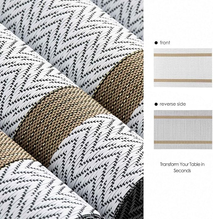 AHHFSMEI Placemats for Dining Table Set of 6 Woven Vinyl Plastic Place Mats Non-Slip Heat Insulation Stain Resistant Table Mats Washable Easy Clean Placemats (White Wave Stripe)