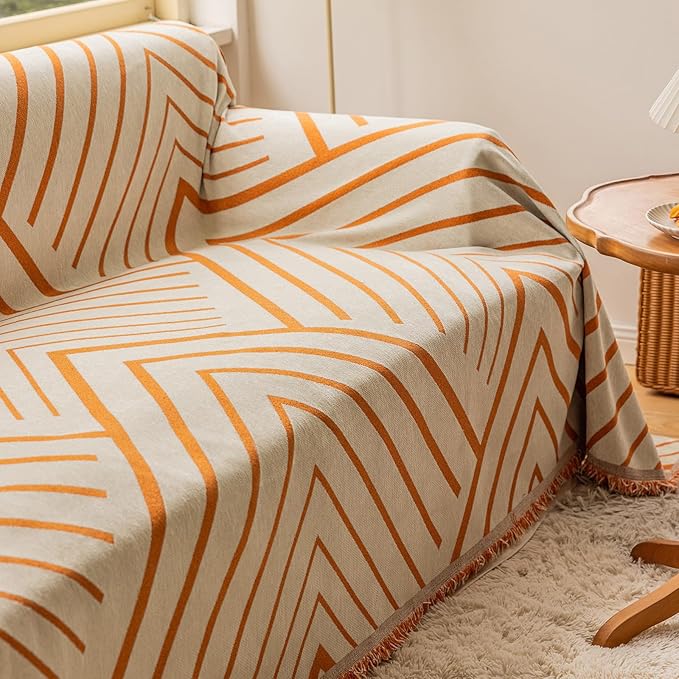 VClife Boho Farmhouse Couch Cover 71''x134'', 1 pc Washable Sofa Covers for 3 Cushion Couch Sofa Kids Soft Chenille Beige Pumpkin Herringbone Home Decor Couch Covers for Bed Sofa Living Room Slipcover