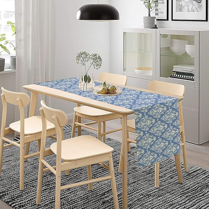 Damask Table Runner Blue Beige Abstract Flower Floral Baroque Pattern Table Runner for Kitchen Dining Weddings Party Festival Farmhouse Holiday Decor 13x72in