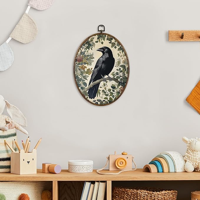 KFXHANGD Gothic Black Raven Crow Oval Wall Art Framed, Vintage Dark Academia Rustic Raven Botanical Canvas Wall Art Decor, Moody Crow Hanging Decor for Bedroom Living Room, 8.7x11.3 In