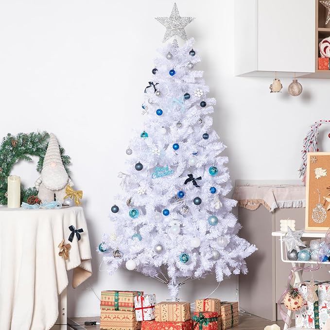 NALONE 6FT White Pre-Lit Christmas Tree with Remote Control and Timer, Artificial Full Spruce Christmas Tree with Warm White/Multi-Color Lights, 9 Lighting Modes