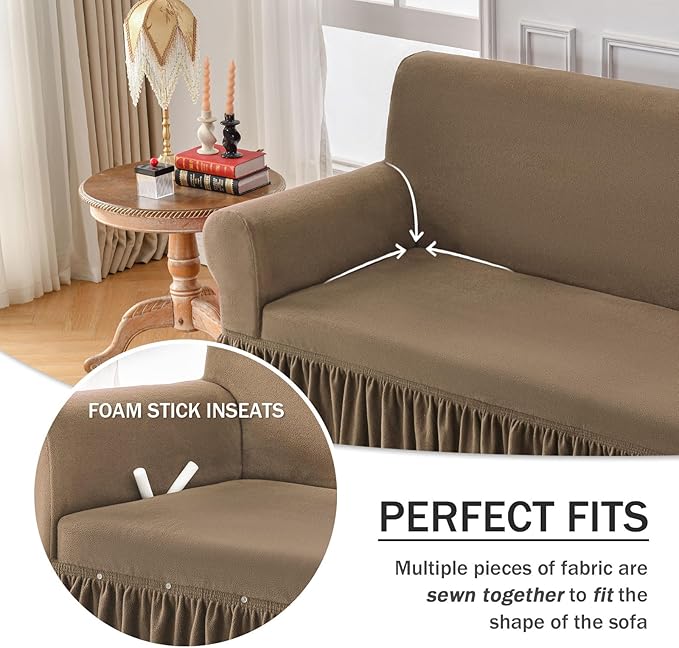 NICEEC Loveseat Cover Thick Plush 1-Piece Warm Khaki Slipcover for Loveseats Stretch Fluffy Couch Covers for Living Room Easy Fit Washable Soft Furniture Sofa Protector with Skirt