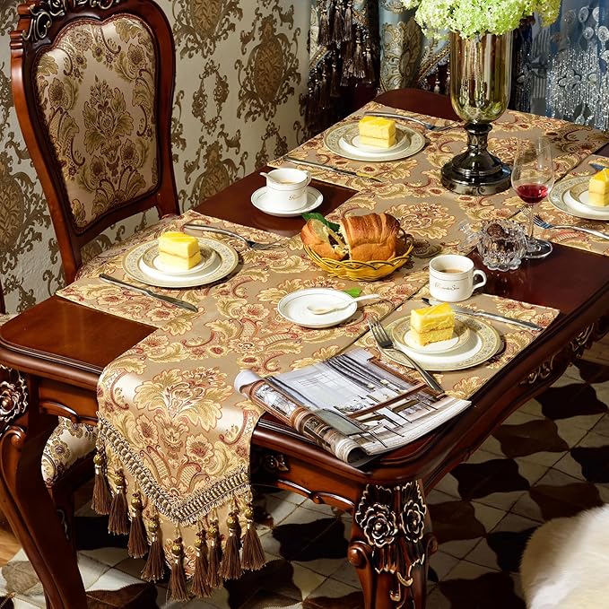 Extra Luxury Velvet Blue Table Runner 120 Inches Long with Vintage Damask Jacquard Design for Dining Room,Living Room,Home Decor,Elegant Beaded Tapestry (Dark Gold, 13×108 inch)