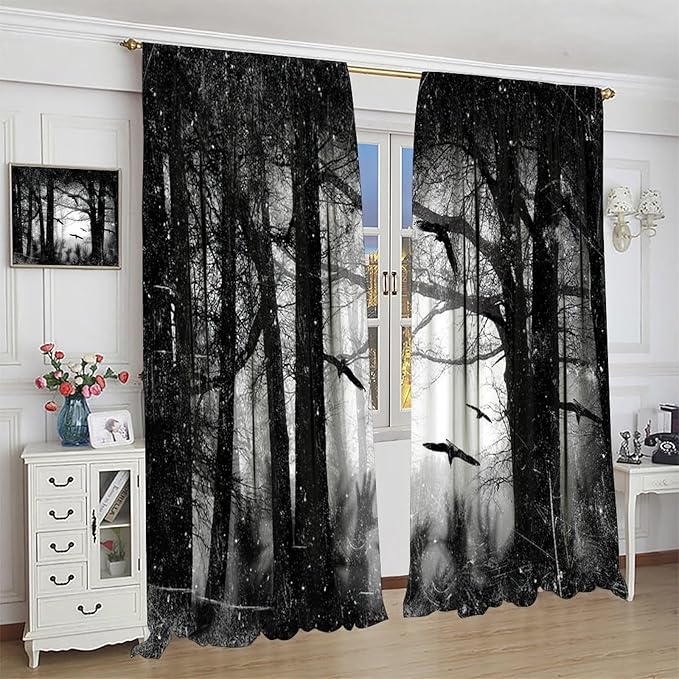 Gothic Forest Blackout Curtains, Foggy Forest Dead Trees Crow Halloween Style Black White Scary Print Window Treatments, for Bedroom Living Room 31.5(W)*72(L) 2 Panels