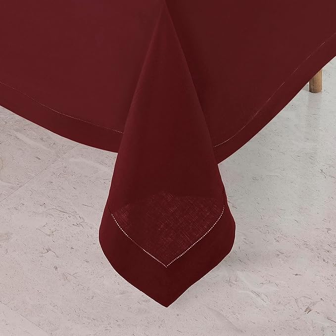 D'Moksha Homes Dark Red Linen Tablecloth 60 x 156 Inch - 100% Pure Linen Red Tablecloth for Rectangle Tables - Classic Hemstitch, Machine Washable Table Cloth for Thanksgiving, Christmas, Holiday