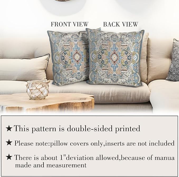 Boho Floral Throw Pillow Covers 18x18 inch Set of 2,Blue Boho Rug Geometric Floral Pattern Decor Double Sided Pattern Cushion Cover Soft Pillow Case Living Sofa Room Bed Square Pillow Cover