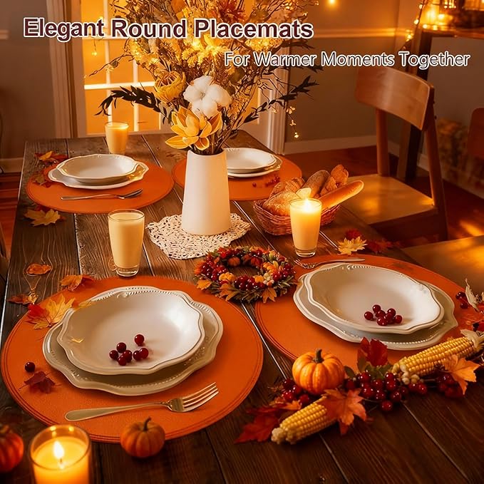 Round Vinyl Orange Placemats Set of 6, Faux Leather Waterproof Wipeable Heat Resistant Place Mats, Washable Table Mats for Halloween, Thanksgiving & Christmas Dinner(Orange)