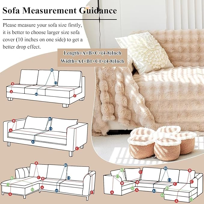 VClife Soft Plush Faux Fur Couch Cover, Warm Fuzzy Khaki Sofa Covers for 2 Cushion Couch Sofa (71"x118") Non Slip Couch Covers for Dog Cat Washable Thick Furniture Protector for Pets