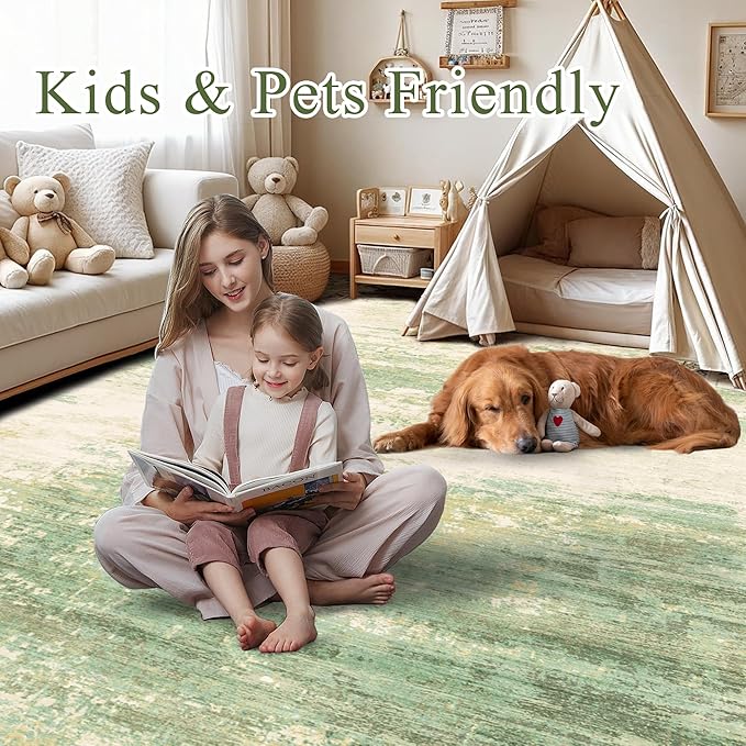 8x10 Modern Abstract Rug Washable Area Rugs for Living Room Bedroom Dining Room Non-Slip Low Pile Neutral Large Rug Soft Indoor Floor Carpet, Green