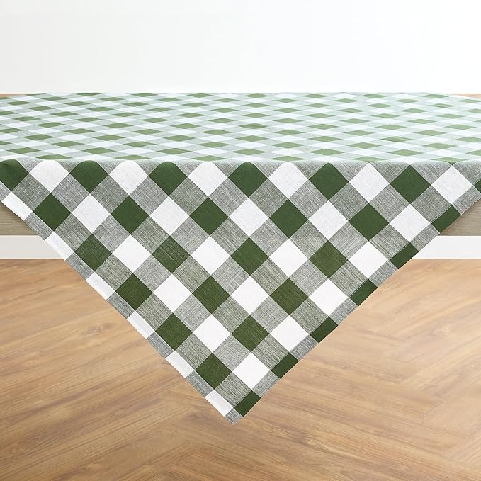 Solino Home Linen Checkered Tablecloth 52 x 52 Inch - 100% Pure Linen Olive and White Buffalo Plaid Square Tablecloth - Machine Washable Table Throw for Fall, Autumn