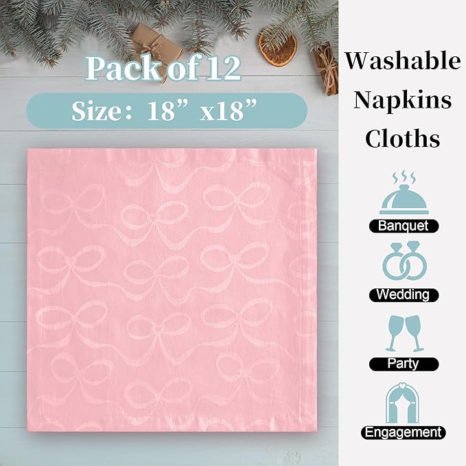 Pink Bow Napkins (18"x18"), Table Napkins Cloth Set of 12 - Cotton & Polyester Blended, Wrinkle/Fade Resistant - Reusable Napkins Washable, Luxury Jacquard Napkins for Engagement Party & Wedding