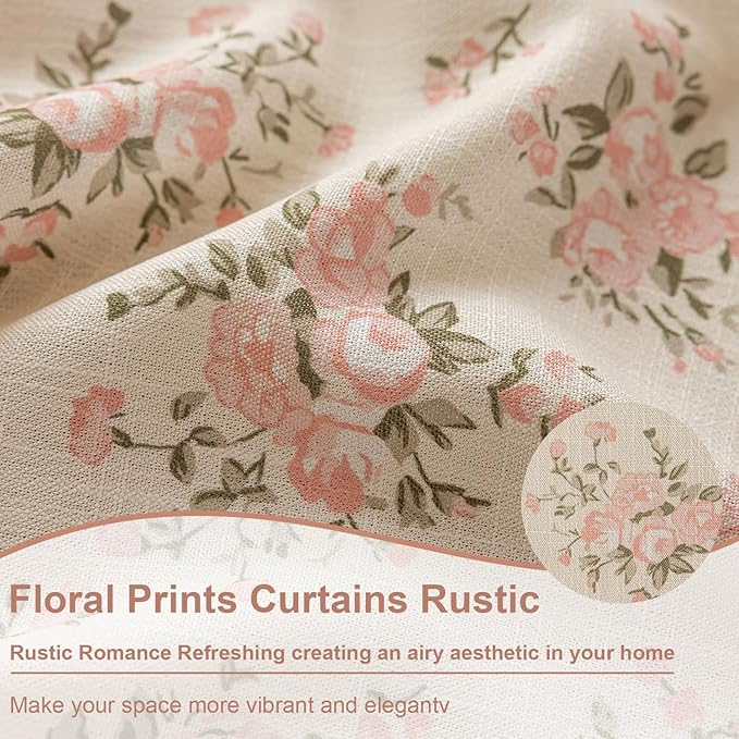 OYX Pink Boho Floral Curtains 96 Inch Long 2panels, French Vintage Farmhouse Patterned Decor Window Drapes with Tassels, Girls Semi-Sheer Light Filtering for Bedroom Living Room (Rod Pocket, 52Wx96L)
