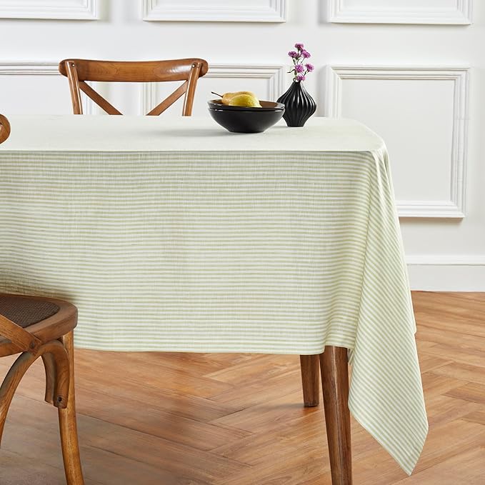 Solino Home Linen Striped Tablecloth 60 x 120 Inch - 100% Pure Linen Sage and White Table Cloth for Rectangle Tables - Narrow Stripe, Machine Washable Tablecloth for Thanksgiving, Christmas, Winter