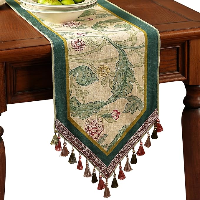 patdrea Designer Green Floral Extra Long Table Runner,French Elegant Vibrant Rustic Linen with Green Leaves Patterns Fabric Table Mat,Decoration for Kitchen Dining Room Banquet Christmas,12"*118"