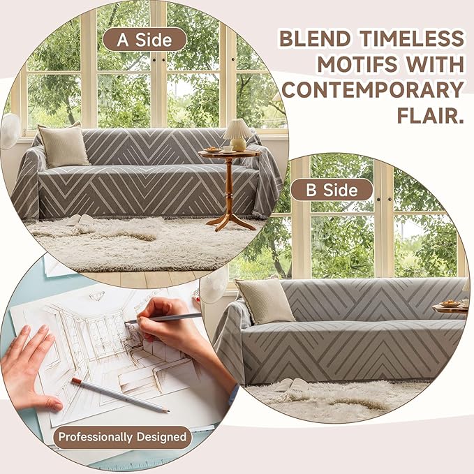 VClife Boho Farmhouse Couch Cover 71''x150'', 1 pc Washable Sofa Covers for 3 Cushion Couch Sofa Kids Soft Chenille Gray White Herringbone Home Decor Couch Covers for Bed Sofa Living Room Slipcover